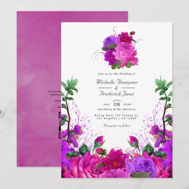 Convites Casamento com Código QR Floral Rosa Veludo e Roxo (Frente/Verso)