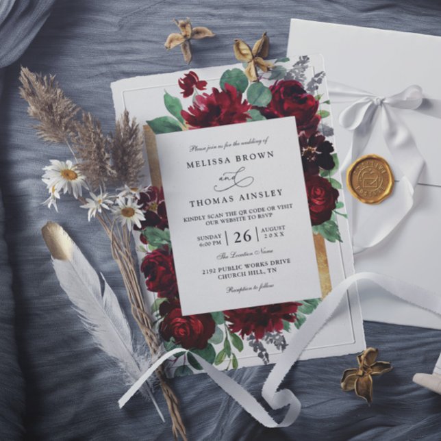 Convites Casamento com Código QR Floral Rústico Chique Verm (Criador carregado)