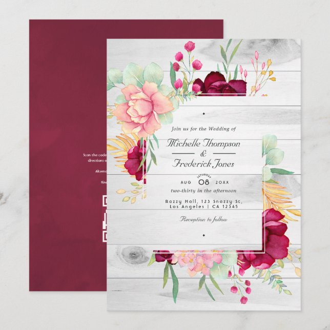 Convites Casamento com Código QR Floral Rústico em Borgonha (Frente/Verso)