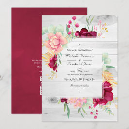 Convites Casamento com Código QR Floral Rústico em Borgonha