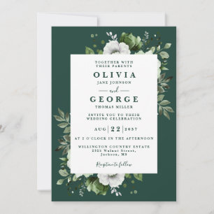 Convites Casamento com Código QR Floral Verde Esmeralda Ele