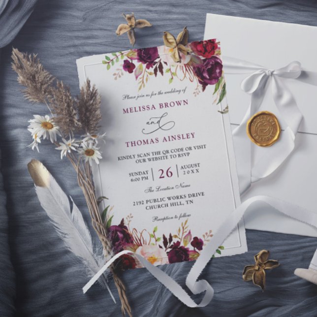 Convites Casamento com Código QR Floral Vermelho Burgundy C (Criador carregado)