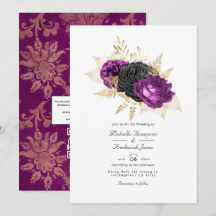 Convites Casamento com Código QR Floral Vintage Preto e Rox