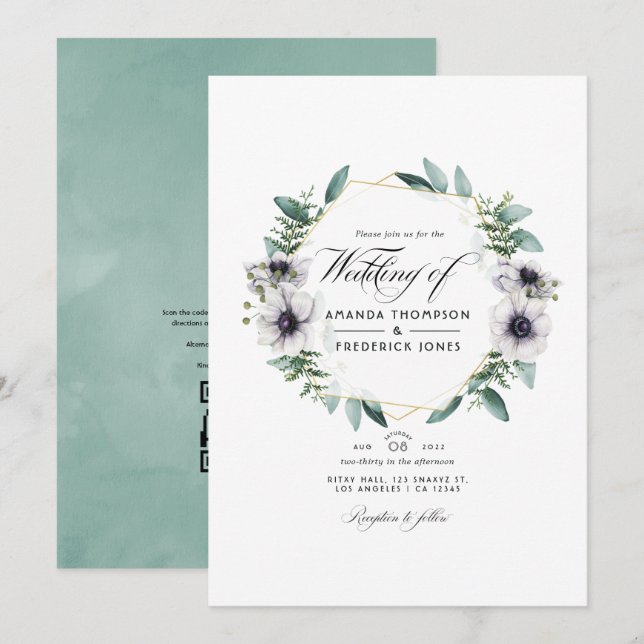 Convites Casamento com código QR geométrico de anemone de E (Frente/Verso)