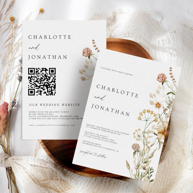 Convites Casamento com Código QR Mínimo de Boho Wildflower (Criador carregado)