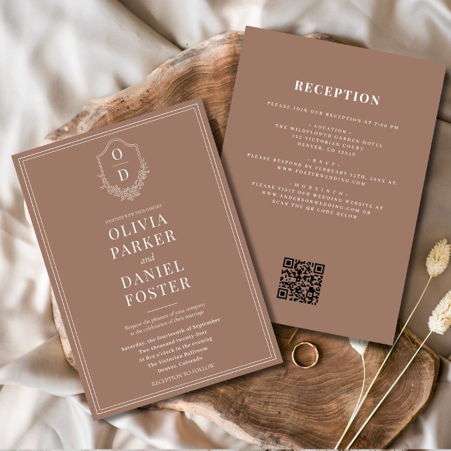 Convites Casamento com código QR Mocha Brown em um único de (Criador carregado)
