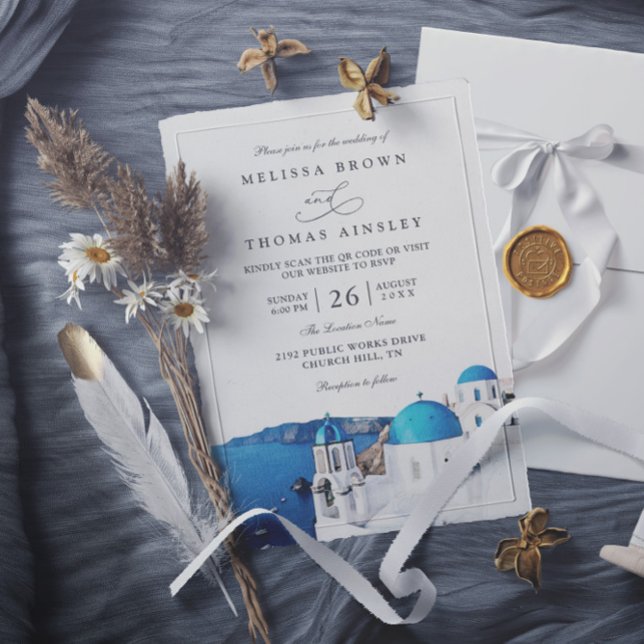 Convites Casamento com Código QR Moderno Aquarela Santorini (Criador carregado)