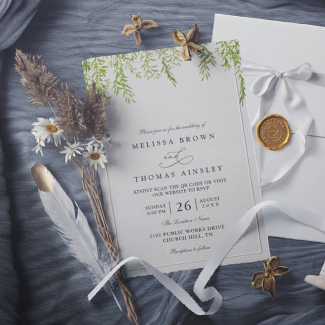 Convites Casamento com Código QR Moderno de Vegetação Rústi (Criador carregado)