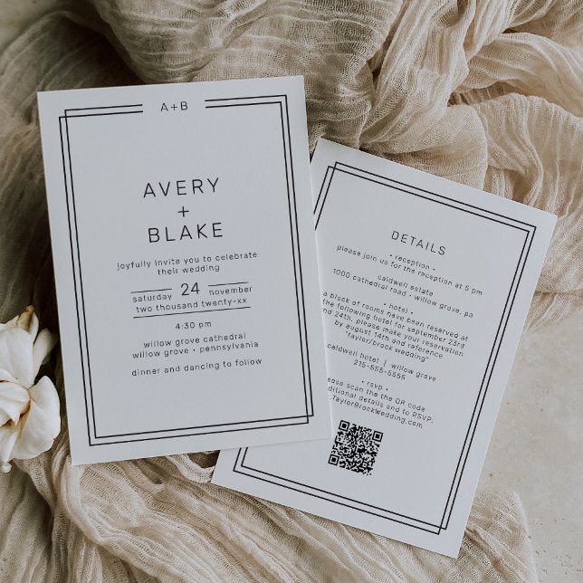 Convites Casamento com Código QR Monocromático Moderno e Mi (AVERY Modern Minimalist Monochrome QR Code Wedding Invitation)