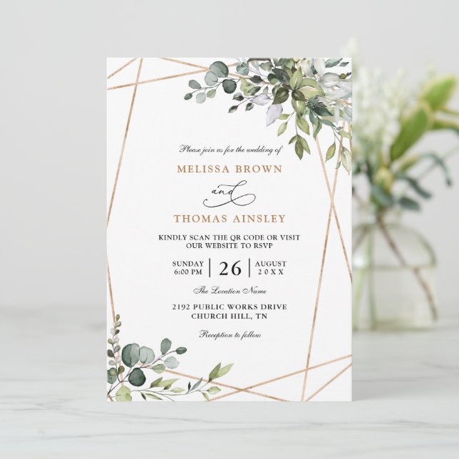 Convites Casamento com Código QR Orçamentário de Eucalipto  (Em pé/Frente)