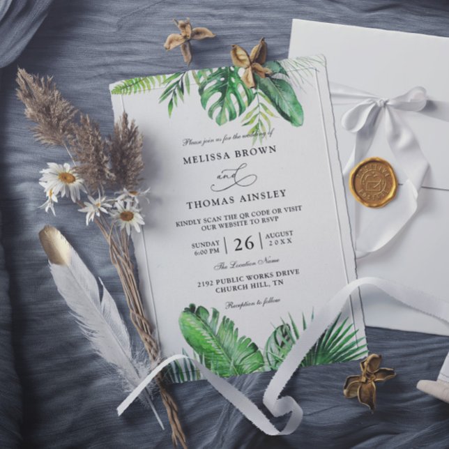 Convites Casamento com Código QR Orçamentário Elegante Palm (Criador carregado)