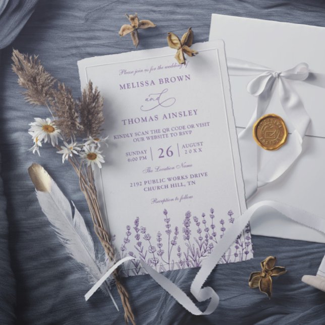 Convites Casamento com Código QR Orçamentário Floral de Lav (Criador carregado)
