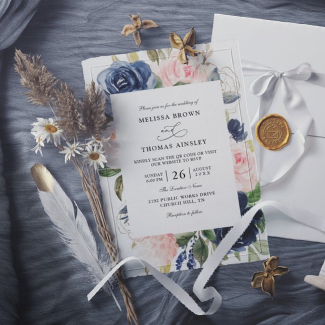 Convites Casamento com Código QR Orçamentário Floral Empoei (Criador carregado)