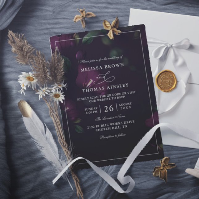 Convites Casamento com Código QR Orçamento de Flores Roxas  (Criador carregado)