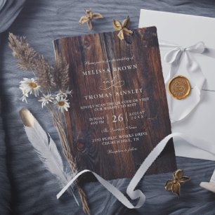 Convites Casamento com Código QR País Rústico de Madeira Te