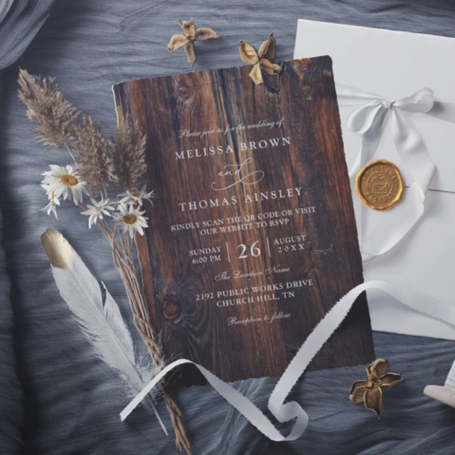 Convites Casamento com Código QR País Rústico de Madeira Te (Criador carregado)