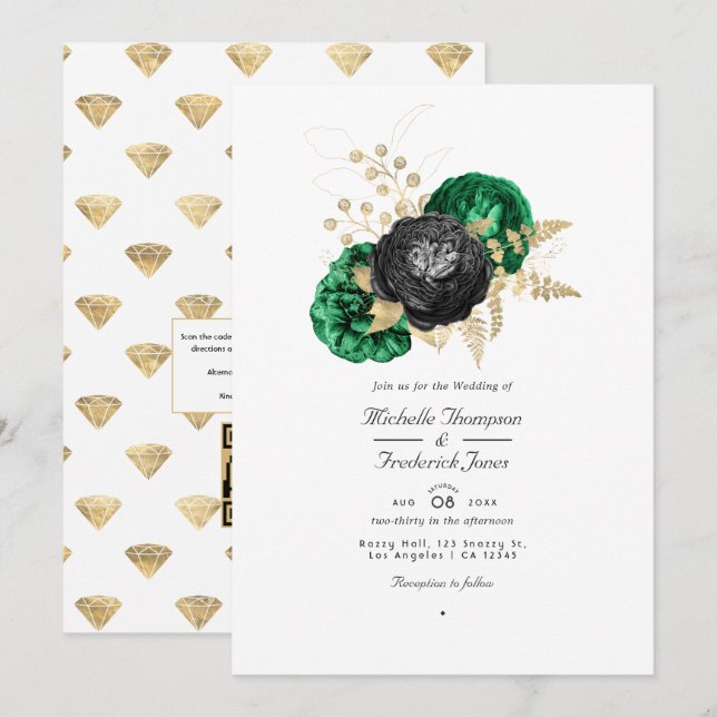 Convites Casamento com código QR para RSVP com floral em es (Frente/Verso)