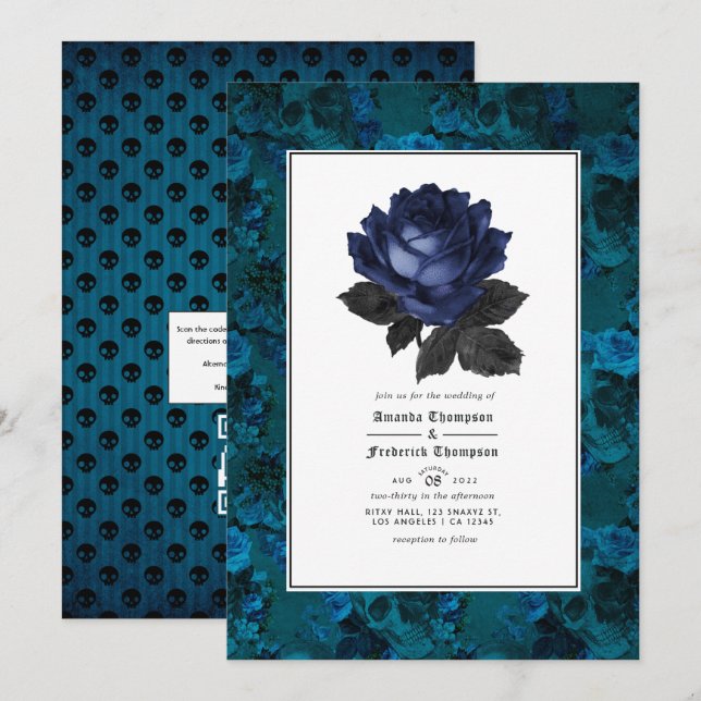 Convites Casamento com Código QR para RSVP Floral Gótico Pr (Frente/Verso)
