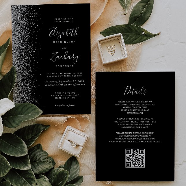 Convites Casamento com Código QR Preto da Glitter de Prata  (Criador carregado)