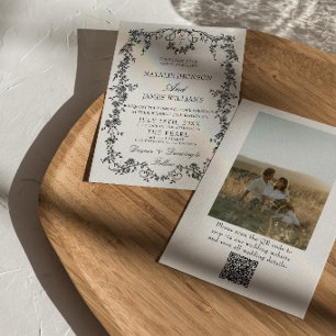 Convites Casamento com Código QR Preto e Branco Floral Foto