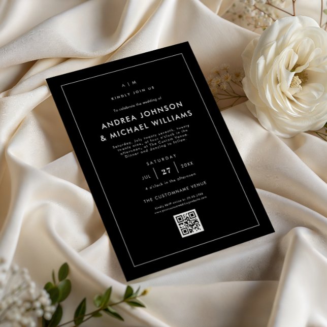 Convites Casamento com Código QR Preto Minimalista (Criador carregado)