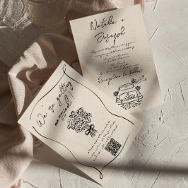 Convites Casamento com Código QR Romântico Desenhado na Mão