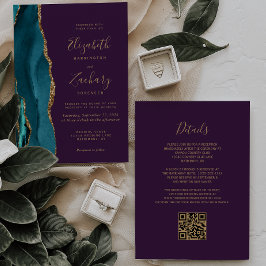 Convites Casamento com Código QR Roxo de Agato Dourado de T