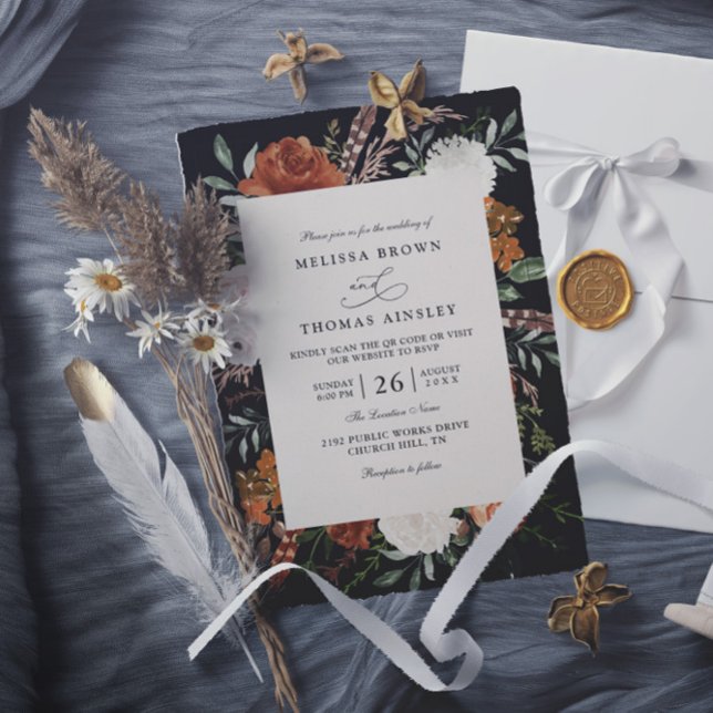 Convites Casamento com código qr rústico floral de terracot (Criador carregado)