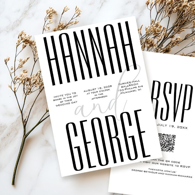 Convites Casamento com código QR simples preto e branco mod (Unique simple bold typography black and white all-in-one QR code RSVP minimalist wedding invitation)