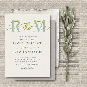 Convites Casamento com Código QR Verde Verde da Sala Monogr