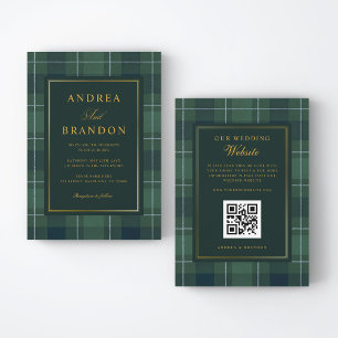 Convites Casamento com Código QR Vintage em Xadrez Verde