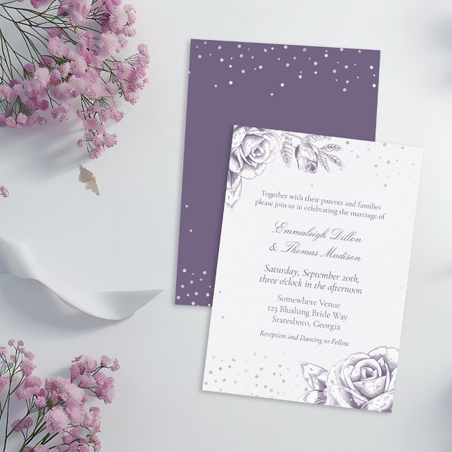 Convites Casamento com Confetes de Glitter de Rosa Roxa Vin (Criador carregado)