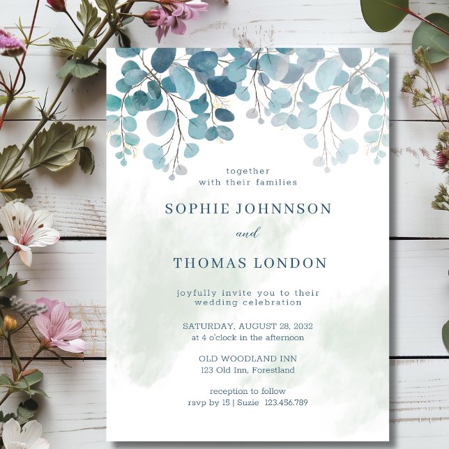 Convites Casamento com cor d'água de eucalipto verde (Criador carregado)