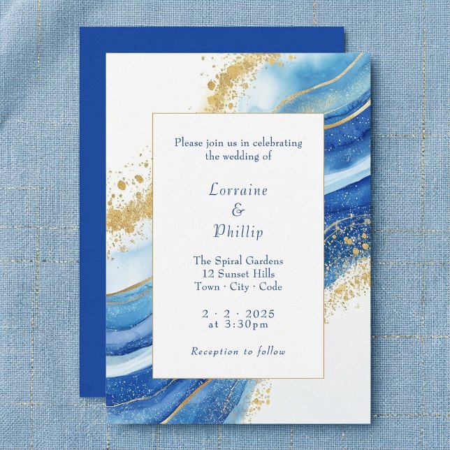 Convites Casamento com Cor de Água Azul e Dourada Elegante (Elegant Blue and Gold Watercolor Wedding Invitation)