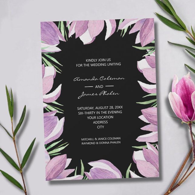 Convites Casamento com Cor de Água Floral da Magnolia Roxa (Elegant purple and white magnolias wedding invitations - INSTANT DOWNLOAD and/or PRINTED)