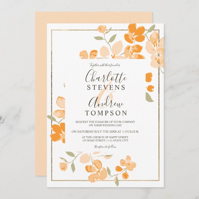 Convites Casamento com cor de laranja de Verão, ouro floral (Frente/Verso)