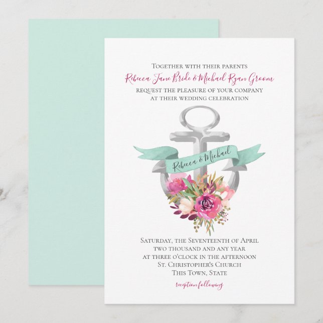 Convites Casamento com Cor Náutica de Ângulo Floral (Frente/Verso)