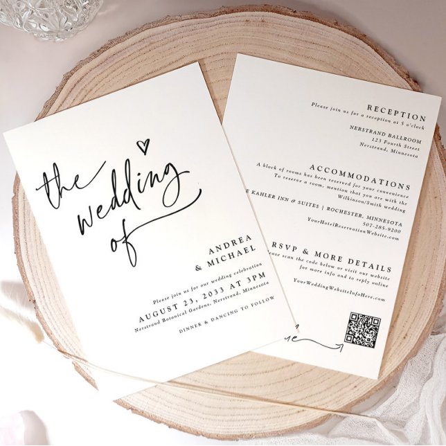 Convites Casamento com Coração Moderno Código QR (Elegant handwriting wedding invitation with heart and details on back (all in one invite))