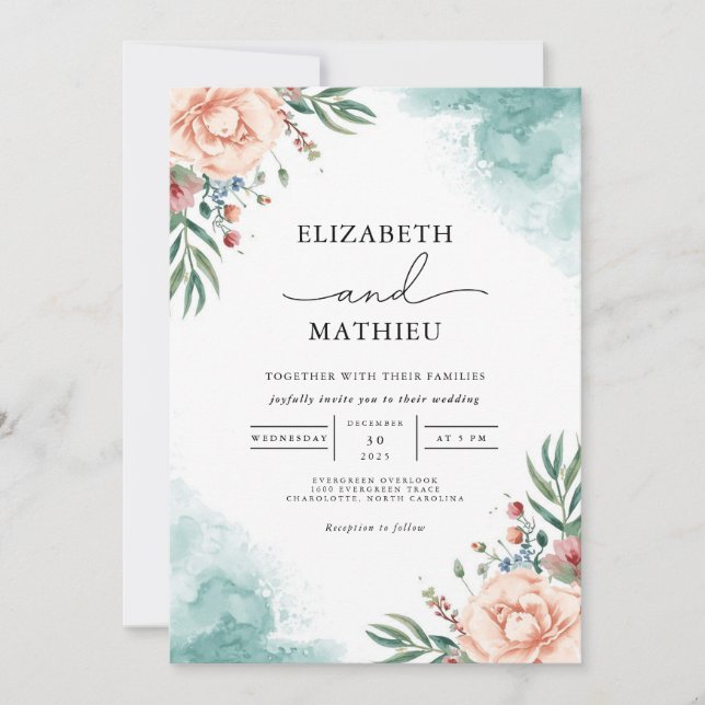 Convites Casamento com Coral & Teal Bloom (Frente)