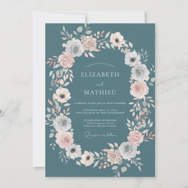 Convites Casamento com Coroa de Aço Teal (Frente)
