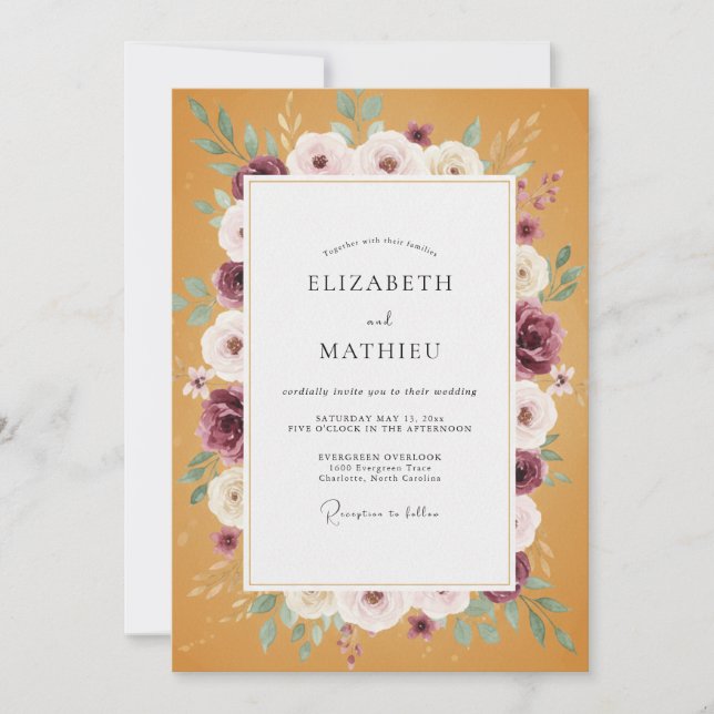Convites Casamento com Coroa de Ameixa e Mostarda Meadow (Frente)