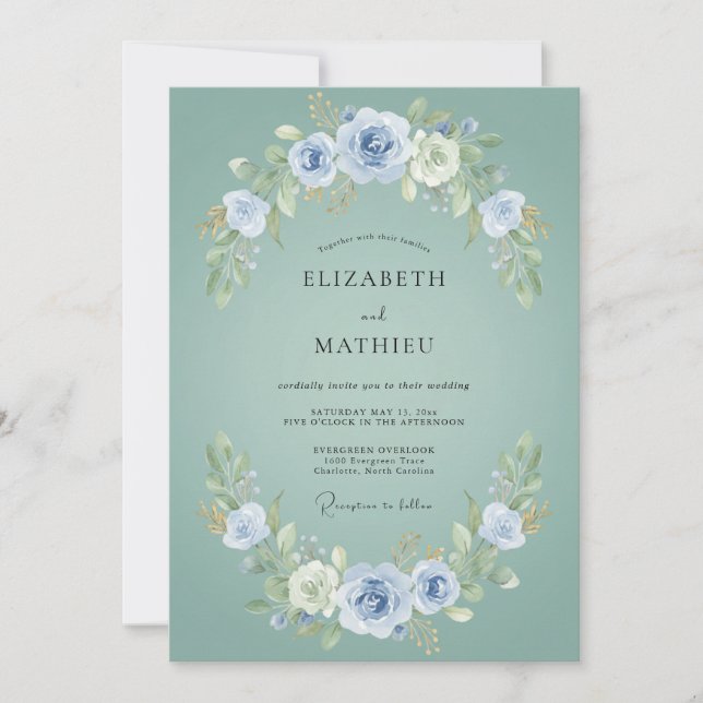 Convites Casamento com Coroa de Aqua Empoeirada (Frente)
