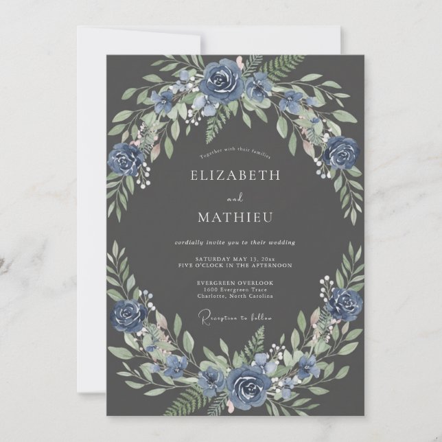 Convites Casamento com Coroa de Ardósia Azul Artisanal (Frente)