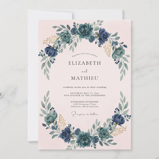 Convites Casamento com Coroa de Azul Bege (Frente)