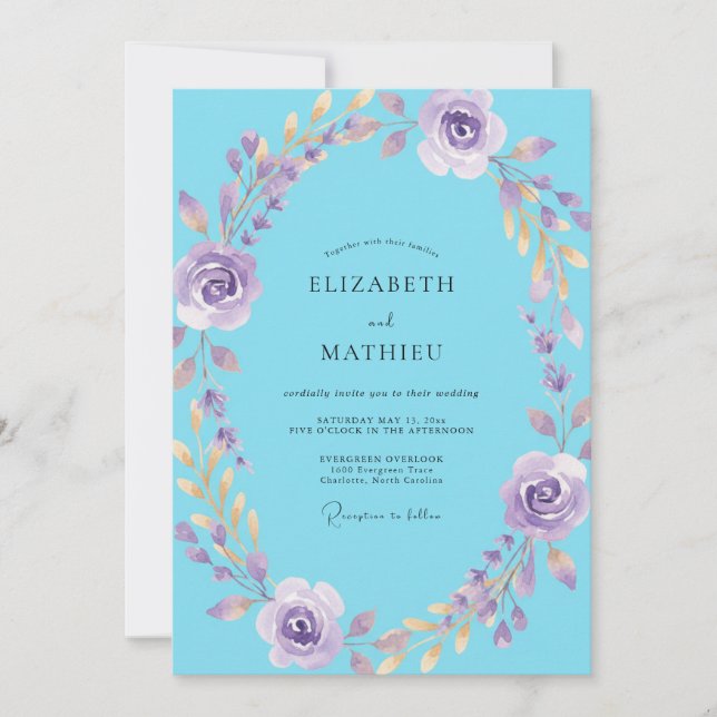 Convites Casamento com Coroa de Azul Malva (Frente)