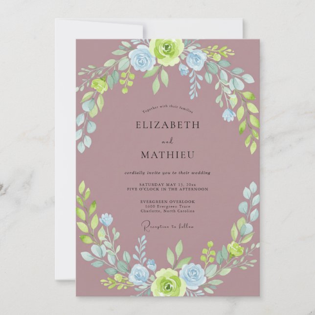 Convites Casamento com Coroa de Azul Mauve Empoeirado (Frente)