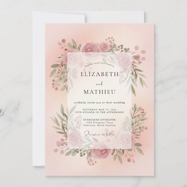 Convites Casamento com Coroa de Blush Mauve (Frente)