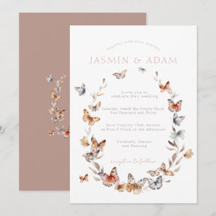Convites Casamento com Coroa de Borboleta Rosa Elegante