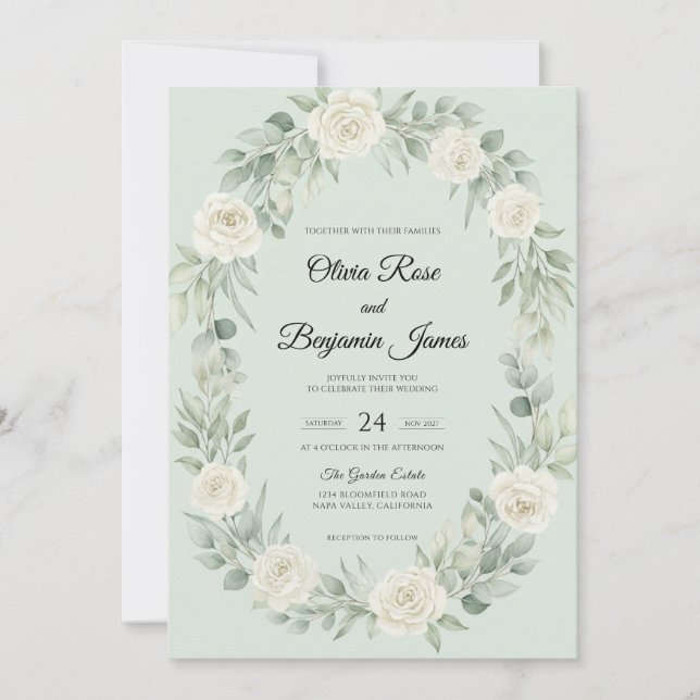 Convites Casamento com Coroa de Branco Hortelã (Frente)