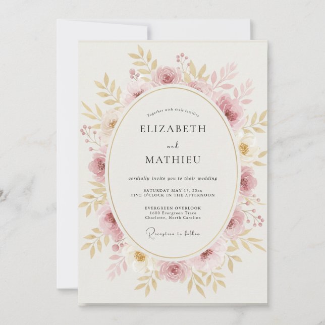 Convites Casamento com Coroa de Champagne Blush (Frente)